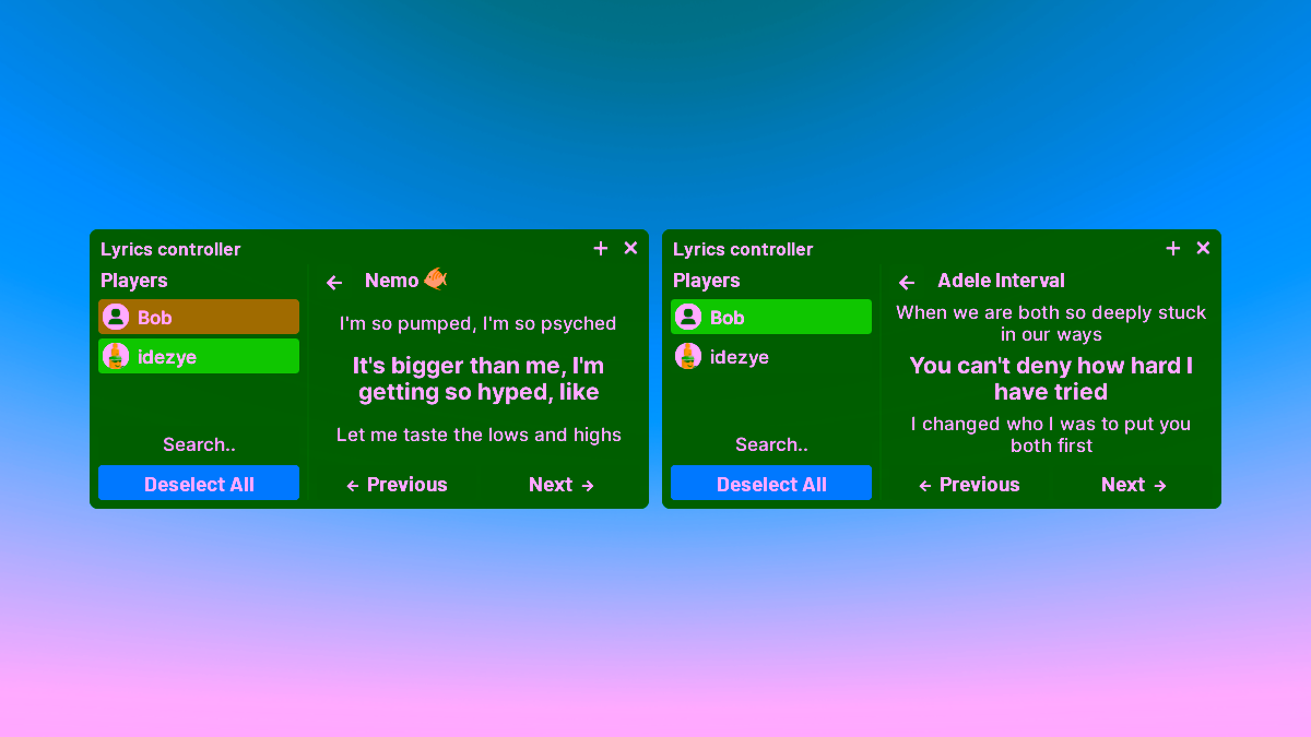 Example of multiple windows controlling different players and NPCs